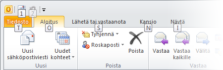 Tietoja näppäinvihjeistä Outlook-ohjelmaikkunan mukauttaminen Outlook 2010 sisältää valintanauhan pikanäppäimiä (eli näppäinvihjeitä), joilla voit suorittaa tehtäviä nopeasti hiirtä käyttämättä.