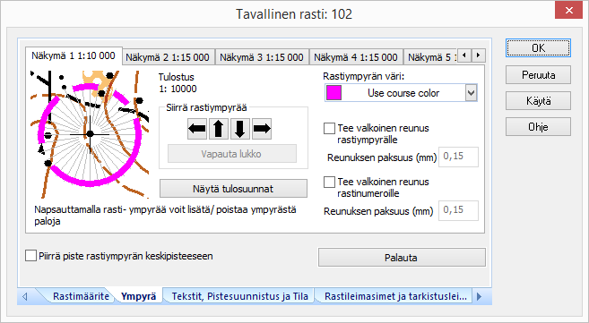 Muuta viitoitus maaliin pois tuplaklikkaamalla maalia: Väännä rastiväliviivoja tarvittaessa, esim. peltojen ja tonttien väistöt.