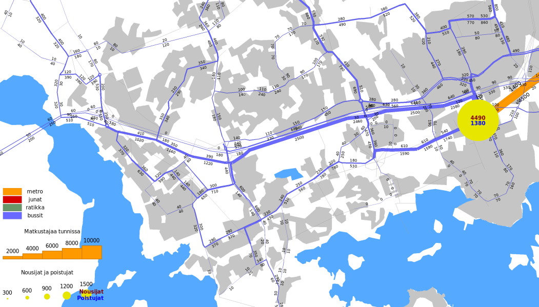 Kuva 5 Joukkoliikenteen matkustajamääräennuste ve 0+(metro Matinkylään), vuoden 2035 aamuhuipputunti.