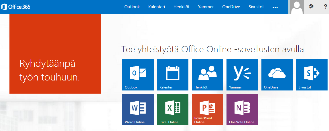 13 Kuva 5. Office 365 -kirjautumisikkuna. Office 365 -pääikkuna avautuu: Kuva 6. Office 365 -pääikkuna. Sivun yläpalkissa ovat linkit Office 365 -palveluihin.