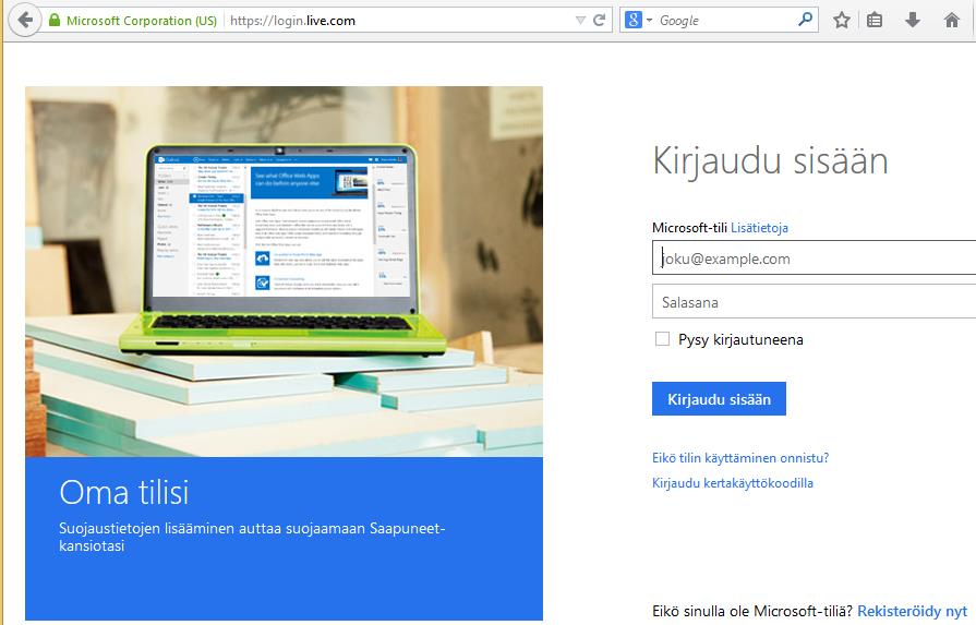 19 Kuva 7. Microsoft-tilin kirjautumissivu. Uuden tilin luonti aloitetaan klikkaamalla oikeassa alalaidassa olevaa linkkiä Rekisteröidy nyt.