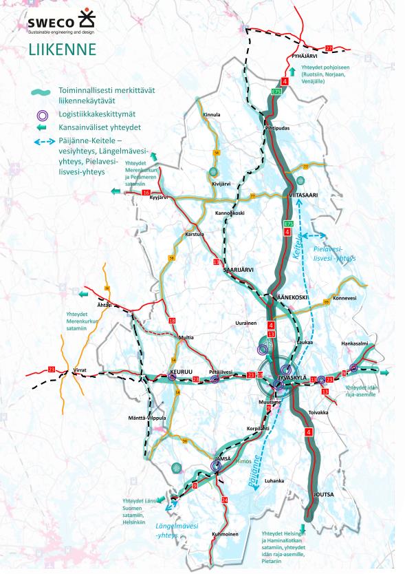 Keski-Suomen Aluerakenne 2040 Liikenne TOIMINNALLISESTI MERKITTÄVÄT LIIKENNEKÄYTÄVÄT Keski-Suomen kehittämisen rungon muodostavat valtatiet (Vt 4, Vt 9, Vt 23 ja Vt 13), joiden ympärille sijoittuvat