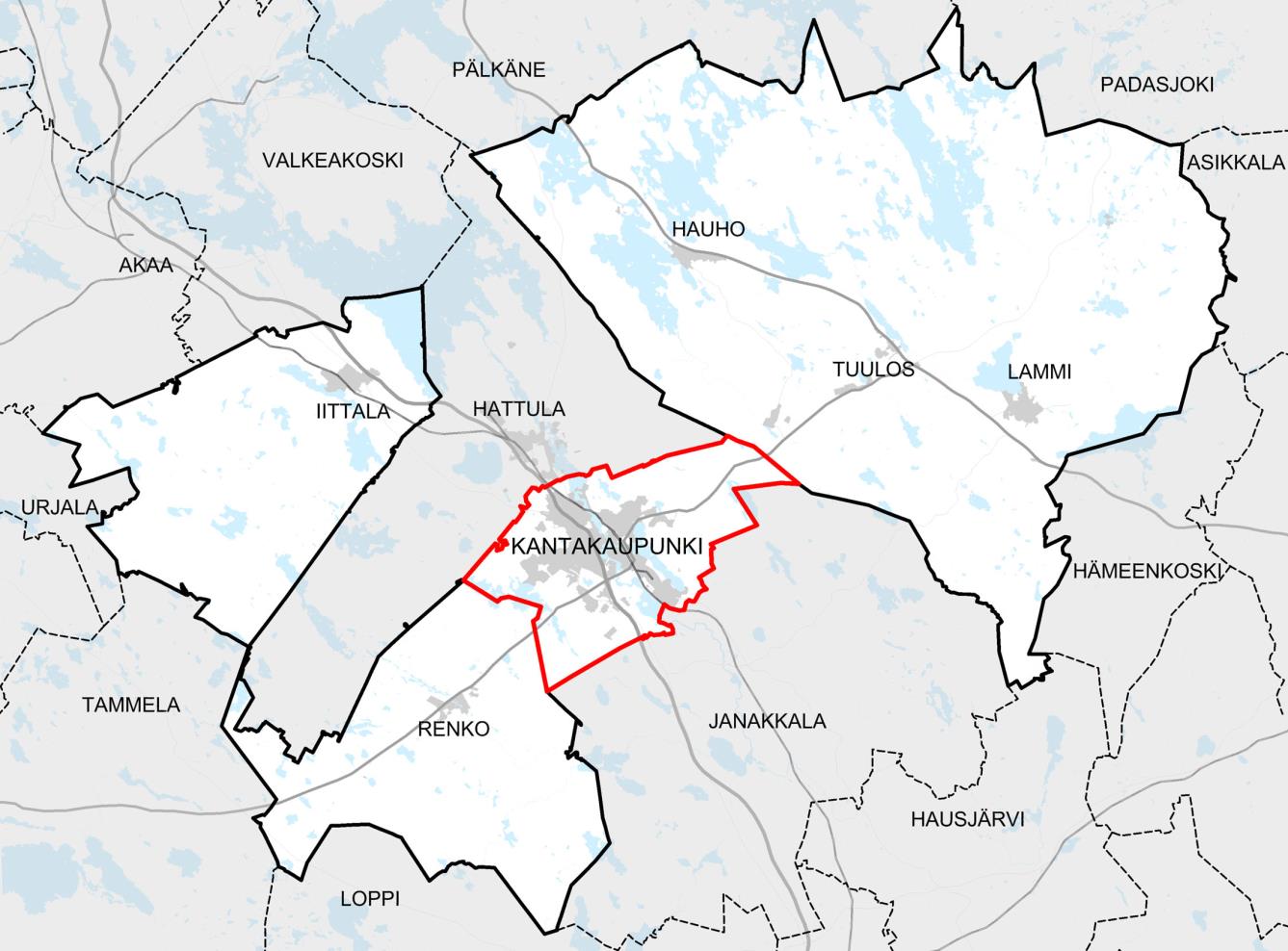 OSALLISTUMIS- JA ARVIOINTISUUNNITELMA HÄMEENLINNAN KANTAKAUPUNGIN YLEISKAAVA 2035 Suunnittelualueen rajaus punaisella. SUUNNITTELUALUE Suunnittelualue käsittää Hämeenlinnan kantakaupungin alueen.