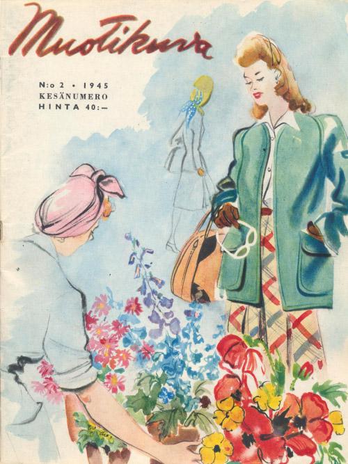 KUVAT 29 ja 30. Vasemmalla Raustilan kuvittama Muotikuvan kansi 2/1945 ja oikealla 4/1946. Kun kuvissa on useita hahmoja, kuvasta on kuitenkin havaittavissa selvästi, kuvan päähahmo, mannekiini.