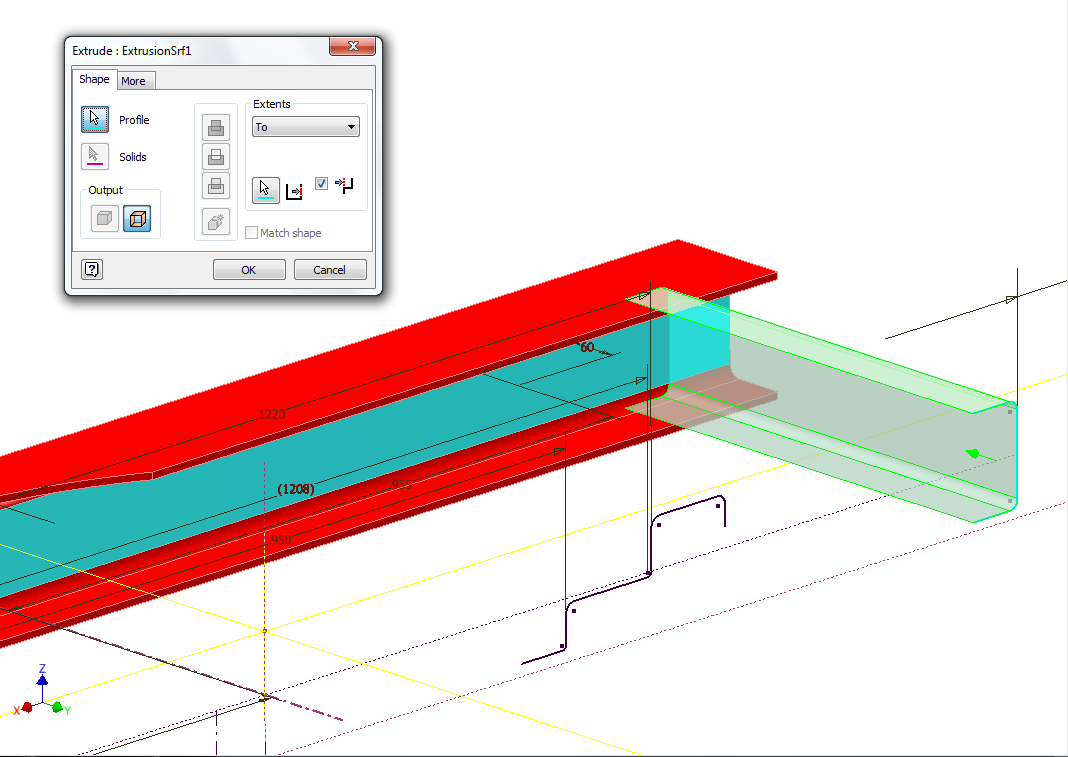 22 Kuva 8. Pintojen pursotus. Kuvassa 8 esitetään etummaisen palkin pinnan pursotus. Valitaan Extrude-käsky ja Output-tyypiksi surface. Näin lopputuloksena syntyy pinta.