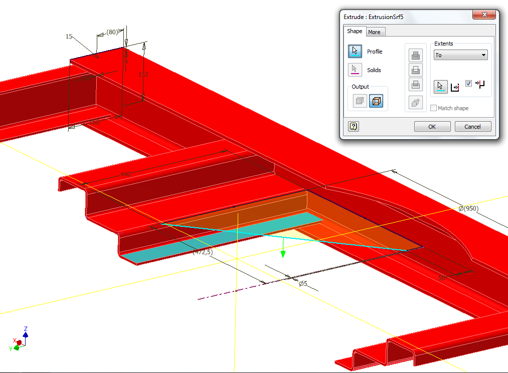 25 Kuva 11. Tukikiilan huullos. Tukikiilan huullos pursotetaan pintana Extrude-käskyllä.