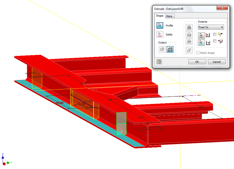 27 Kuva 13. Rungon jäykisteet. Kuvassa 13 rungon jäykisteet pursotetaan pintoina Extrudella. Profiilit on valmiiksi piirretty skeleton-mallia tehdessä. Extents-valikosta valitaan From Toparametri.
