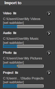 Tuontikansioiden käyttäminen Ellet määritä toisin, Tuonti käyttää ennalta määritettyjä standardikansioita videolle, musiikille ja kuville Windowsin käyttäjätilisi sisällä ja oletuskansiota Pinnacle