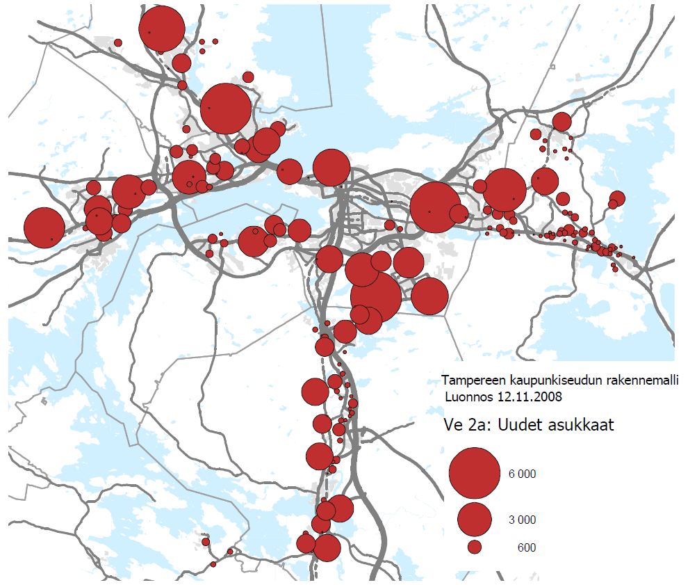 Rakennemallityö VE 2a Kasvu keskittyy joukkoliikennekäytävien varsille. Rakentaminen tiiviimpää joukkoliikennekäytävien varsilla, kauempana niistä väljempää.