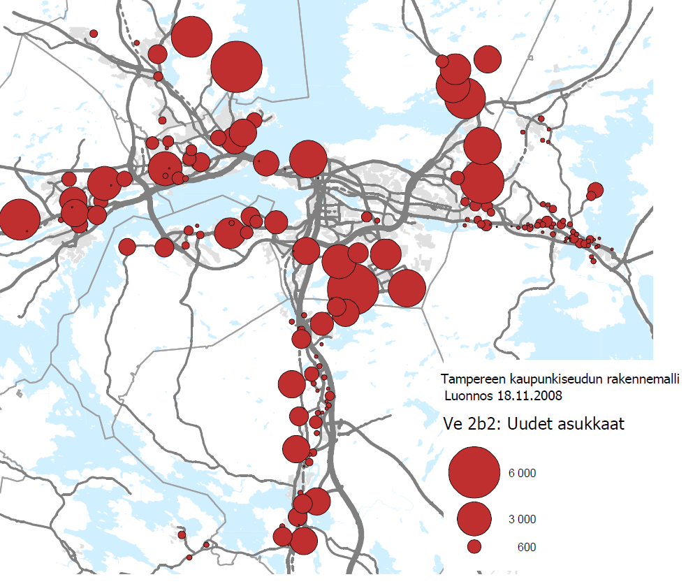 Rakennemallityö Ve 2b Kasvu keskittyy joukkoliikennekäytävien varsille (kuten 2a), mutta vaihtoehdossa 2b Ylöjärven ja Oriveden suunnan yhteydet toteutetaan katuraitiotiellä.