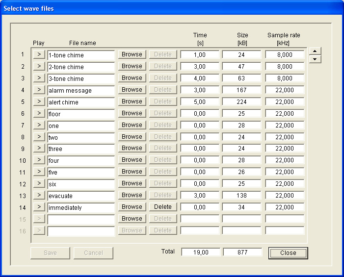 Plena VAS -järjestelmän määritys Määritys fi 23 4.4.3 Select wave files (Valitse wav-tiedostot) Select wave files (Valitse wav-tiedostot) -ikkunan esittely. Kuva 4.