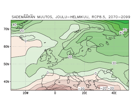 IPCC ennusteita sademäärän ja keskilämpötilan muutoksesta Euroopassa