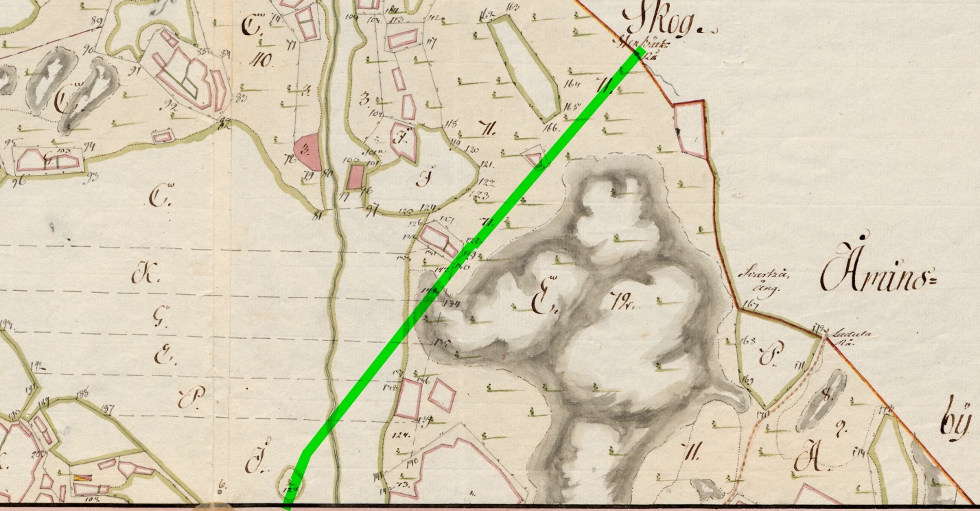 9 Kullo 1768, edellisestä kartasta itään. Päälle piirretty vihreällä mt 170.