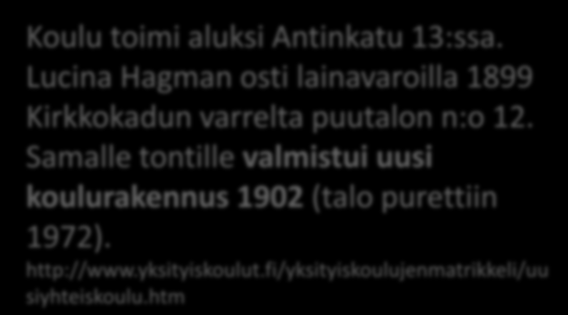 Lucina Hagman osti lainavaroilla 1899 Kirkkokadun varrelta puutalon n:o 12.