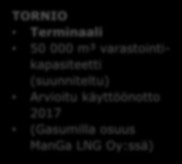 LNG-kohdemarkkinat ja keskeinen infrastruktuuri Gasum LNG ja Skangass ØRA Terminaali 6 500 m³ varastointikapasiteetti Käynnistetty 2011 GÄVLE Terminaali 30 000 m³ varastointikapasiteetti (suunniteltu