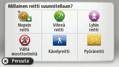 Huomautus: voit määrittää laitteen kysymään reitin tyypistä ainoastaan, kun valitset ajoneuvoksi auton. Valittavissa ovat seuraavat reittityypit: Nopein reitti - reitti, joka vie vähiten aikaa.