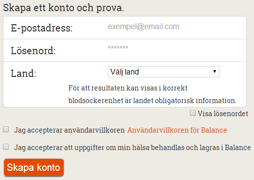 Efter att du har angett ditt land bör du acceptera Balance villkoren. Villkoren kan du läsa, spara eller skriva ut från länken på sidan.