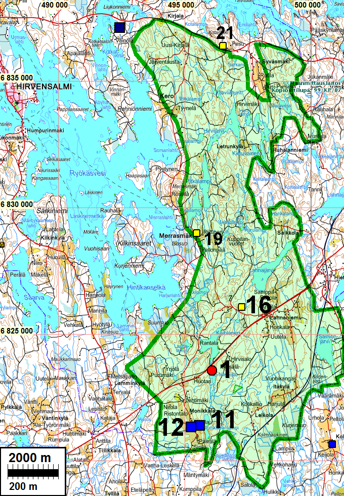 7 Yleiskartta koordin ETRS-TM35FIN Euref Tutkimusalue vihreällä. Se sisältää vesistöjen rannat n. 250 m syvyyteen.