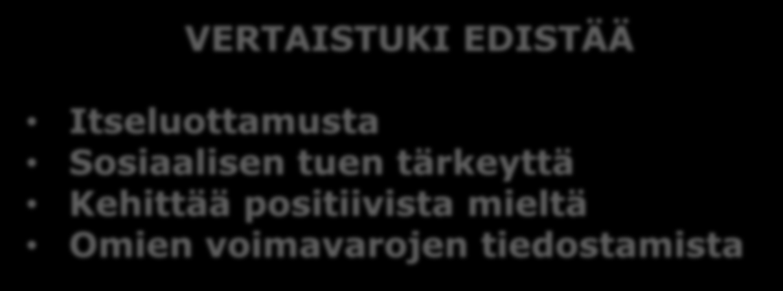 Vertaistuen hyödyt TIEDOLLINEN TUKI Kokemusten ja tietojen jakaminen Hyödyllisten taitojen oppiminen HENKINEN TUKI Toivo herää Rohkeus lisääntyy Voimaantuminen Eristyneisyys vähenee Stressi vähenee