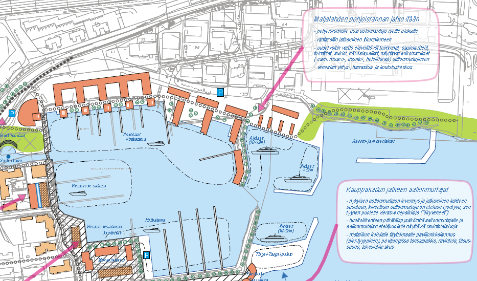 KUVA 10. OTE MALJAPURO-MATKUSTAJASATAMAN KÄYTTÖSUUNNITELMASTA 24.9.2013 (LUONNOS) Sormunen & Timonen arkkitehti- ja rakennesuunnittelutoimisto on laatinut Selvityksen ympäristöstä (liite 8).