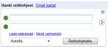 Näytä vaihtoehdot -linkkiä klikkaamalla näytölle avautuu vaihtoehdot (Kuva 6), joiden avulla käyttäjä voi vaikuttaa reittivalintaan sekä matkan pituuden mittayksikköön.