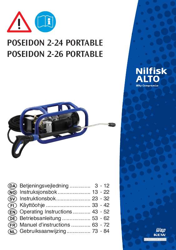 Yksityiskohtaiset käyttöohjeet ovat käyttäjänoppaassa Käyttöohje NILFISK POSEIDON 2-24 PORTABLE Käyttöohjeet NILFISK POSEIDON 2-24 PORTABLE Käyttäjän opas