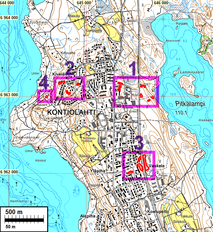 3 Yleiskartta Varustukset: 1) Karpalosuo, 2) Kivelä, 3) Vaskela, 4) Vierevänniemi Inventointi Kontiolahden kunnalla on tekeillä Kontiolahden kirkonkylän asemakaavan muutos ja laajennus.