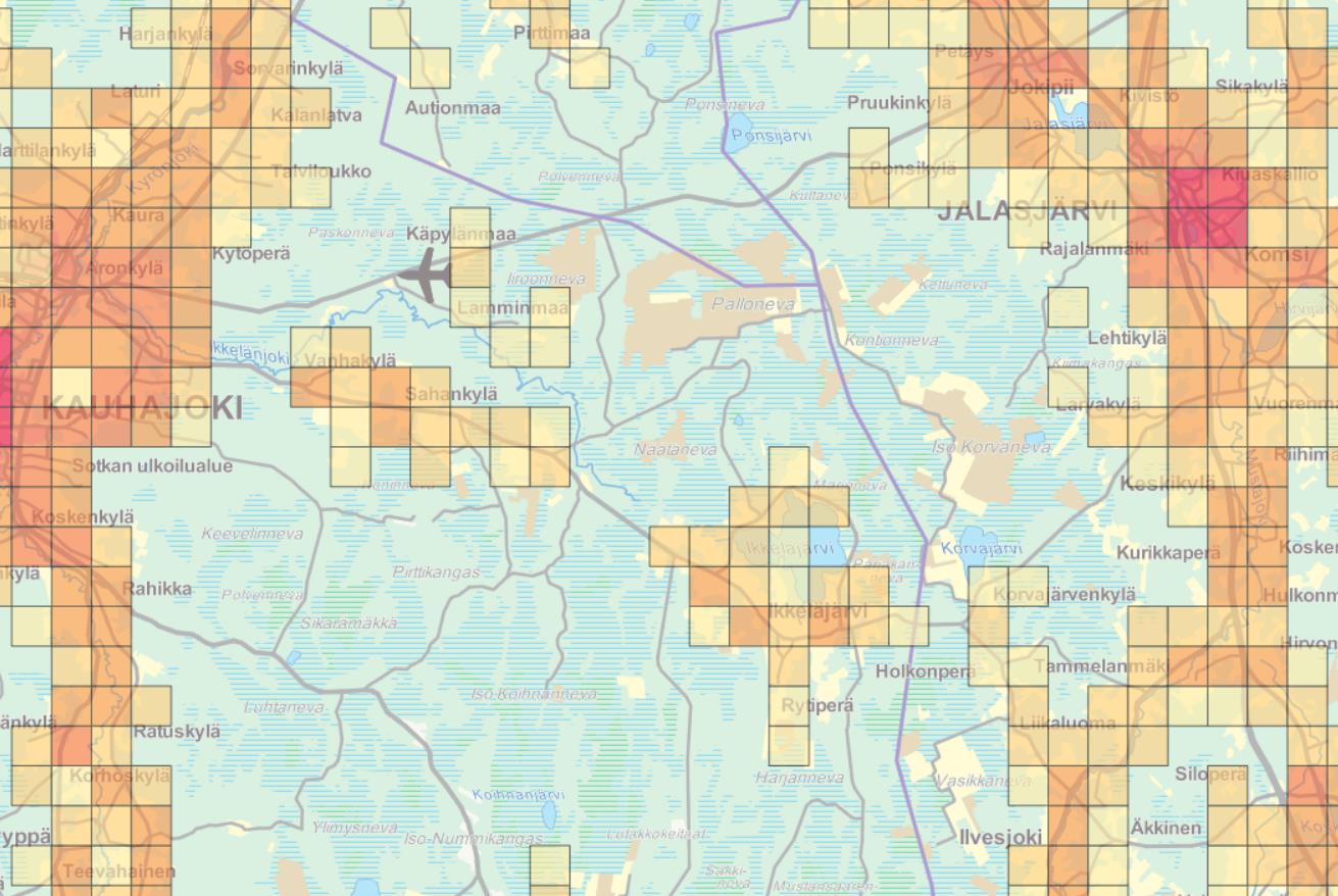 Kuva 12. Väestö ruututietoaineistona. Hankealueen likimääräinen sijainti korostettu punaisella ympyrällä.