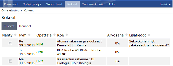 Ohje Sivu 18 (34) Saat lisätietoja aineista ja muista merkinnöistä viemällä hiirikursorin tunnin päälle. Aineet/kurssit esitetään koulun valinnan mukaan joko koko nimillä tai lyhenteinä.