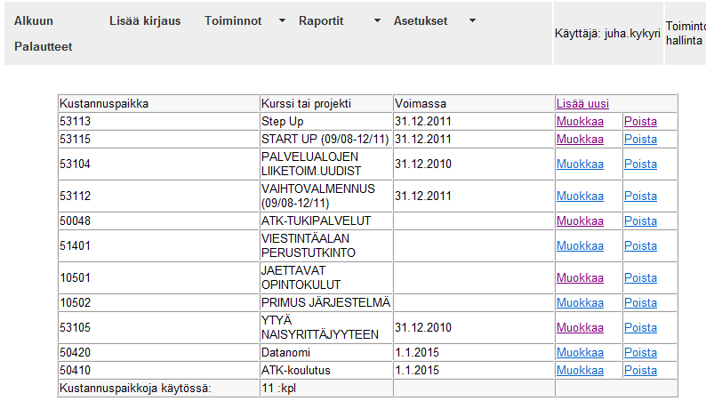 4 Asetukset valikko Kustannuspaikkalista Lista käytössäsi olevista kustannuspaikoista. Kustannuspaikkoja omaan käyttöön voi lisätä valitsemalla Lisää uusi.