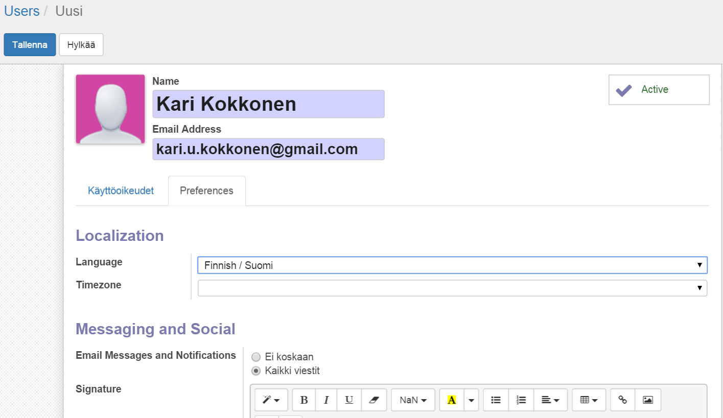 Odoo ERP Käyttäjien määritely - Windows Sivu 3 4. Käyttäjän profiili Preferences valikossa voi määritellä käytäjän haluaman kielen, jos on ladannut usampia kielivalintoja.