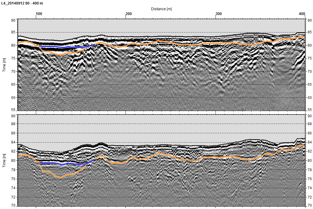 Etelä-Savon kiviaineshuollon turvaaminen 162 Luotauslinjalla L3 on kallion pinta melko selvästi tulkittavissa varsinkin 100 MHz tutkaaineistosta (kuva 8).