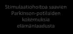 24 5 TULOKSET Haastatellut stimulaatiohoitoa saavat Parkinson-potilaat (n=3) olivat kaikki n. 60 70- vuotiaita miehiä. Diagnoosin saamisesta oli kulunut aikaa 10 20 vuotta.