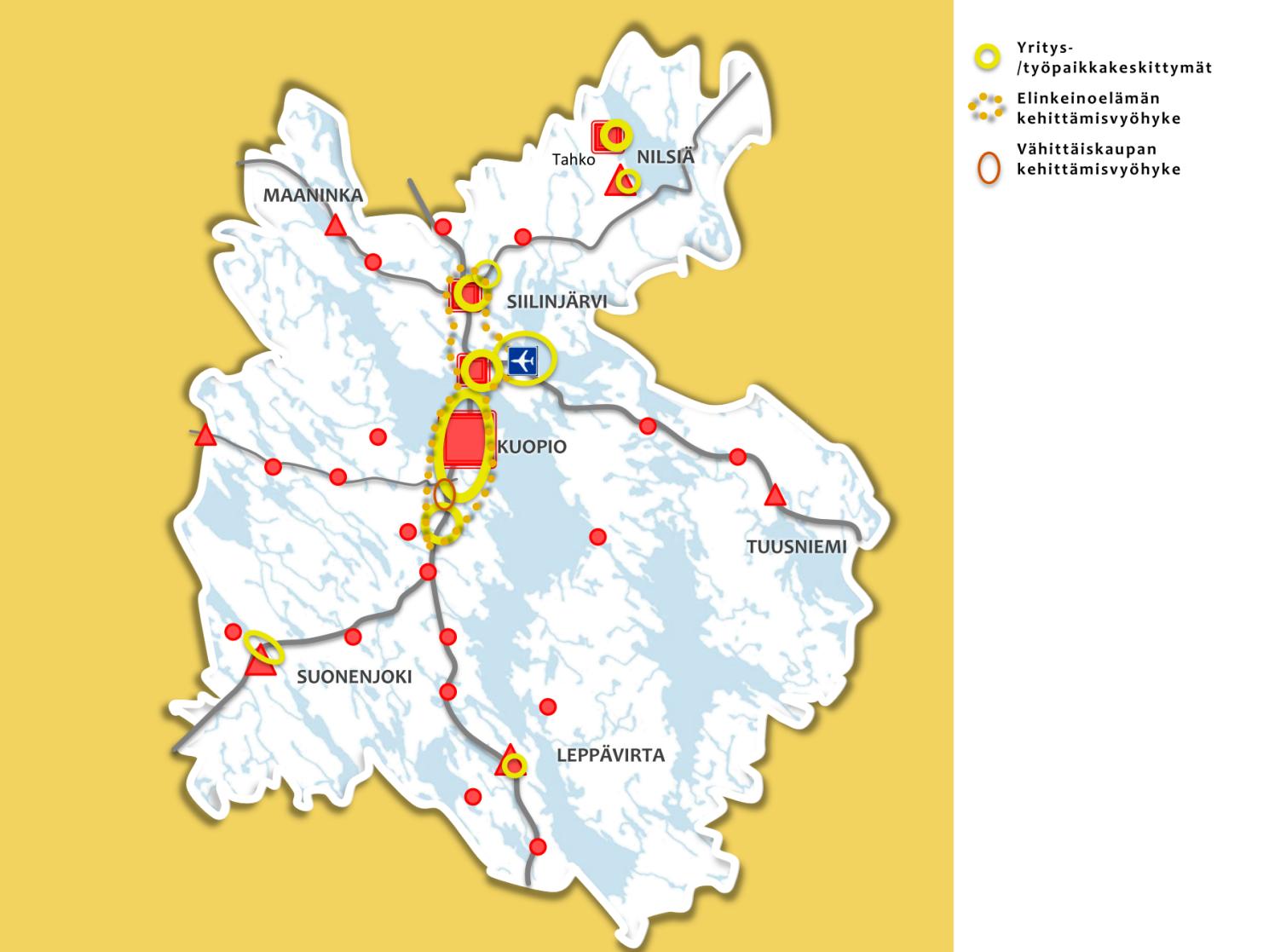 KUOPION TOIMINNALLISEN KAUPUNKISEUDUN RAKENNEMALLI LOIKKA 2030 8 Elinkeinot Keskeiset elinkeinokeskittymät sijaitsevat Kuopion keskustassa ja tiedepuistossa, valtatie 5 tien solmukohdissa sekä
