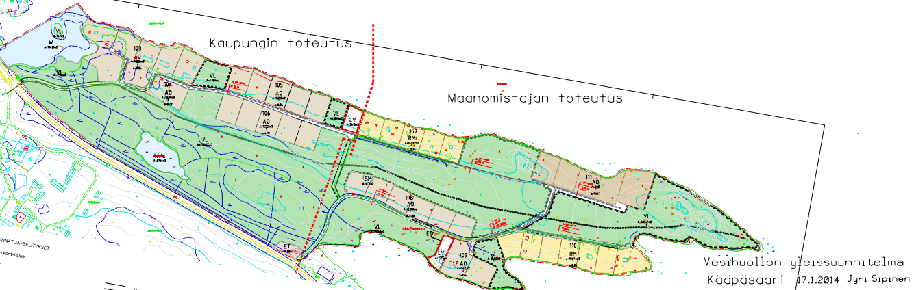 Kaava-alueen vesihuolto toteutetaan osaksi kaupungin, osaksi maanomistajan toimesta. Vastuualuejako näkyy oheisesta vesihuollon yleissuunnitelmasta. Vesihuollon yleissuunnitelma.