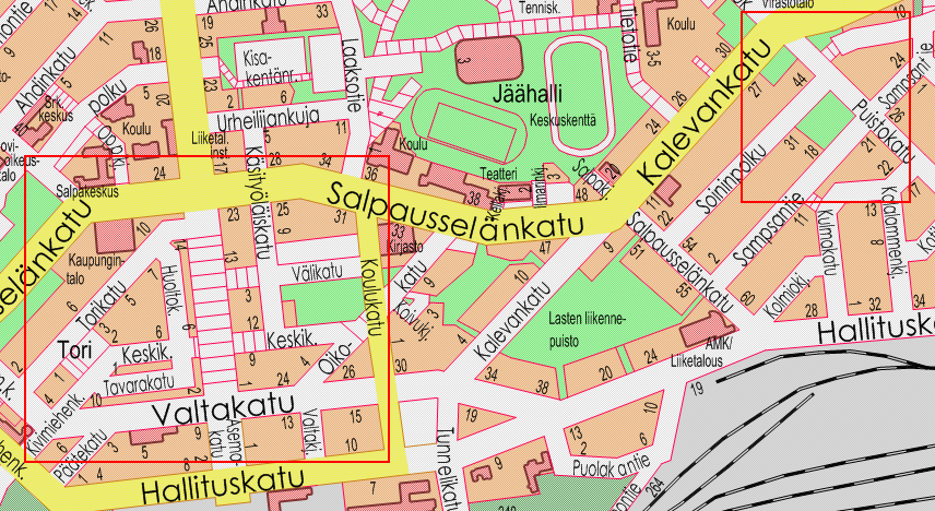 2 Kouvolan keskusta koostuu suurista kerrostalo- ja liikerakennuksista sekä suurista alueista pinnoitettua pinta-alaa, jotka suosivat kuivatettavien hulevesien nopeaa johtumista kaduille tai