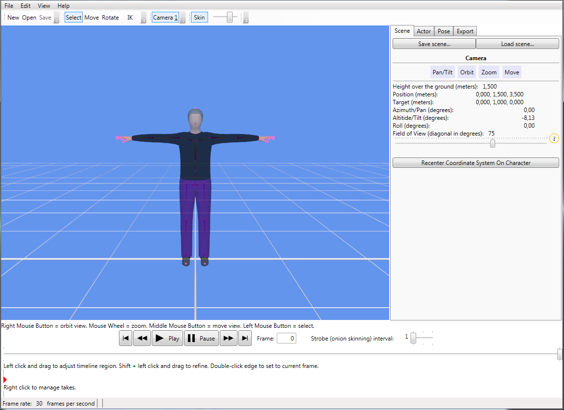 28 Kuva 5 ipi Mocap Studio 2 pääikkuna (ipi Mocap Studio 2 2014, kuvankaappaus) Virtuaalisessa tilassa olevat kamerat pyritään saamaan vastaaville etäisyyksille kuin oikeassa