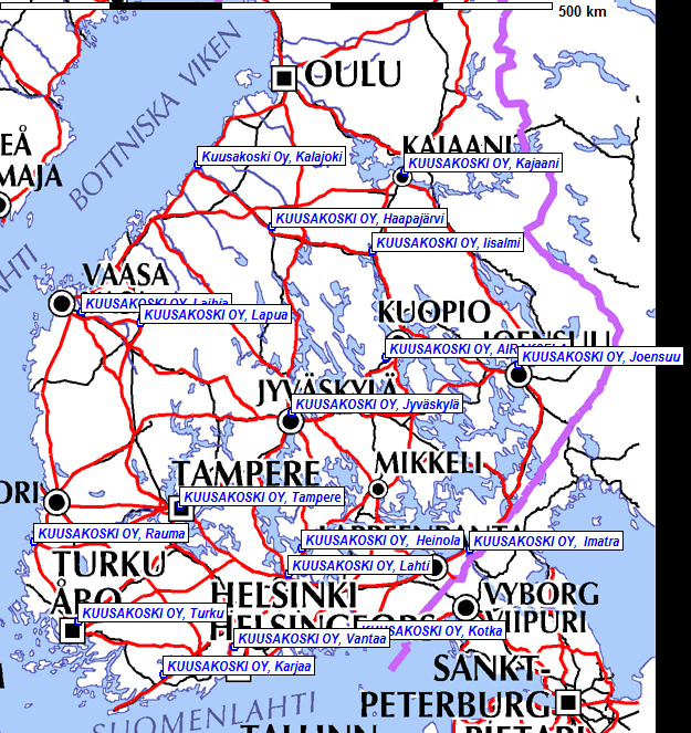 kaalta tuotantolaitoksille saakka. Seuraavassa karttakuvassa 6.1 nähdään Kuusakoski Oy:n toimipaikat mukaan lukien suljettu Haapajärven toimipiste. Kuva 6.