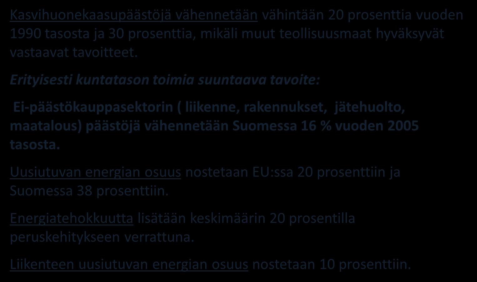 Suomen kansalliset tavoitteet 2020 Kasvihuonekaasupäästöjä vähennetään vähintään 20 prosenttia vuoden 1990 tasosta ja 30 prosenttia, mikäli muut teollisuusmaat hyväksyvät vastaavat tavoitteet.