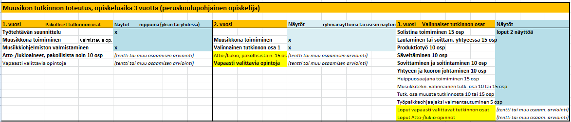 Toteutus eri opintovuosina : 2. Muusikon ammatilliset opinnot 135 osp Muusikon tutkinto avataan seuraavissa luvuissa kursseiksi ja toteutuksiksi tutkinnon osa kerrallaan.