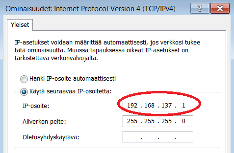 96 Kuva 42. Isäntäverkon IP. Infrastruktuuriverkko suljettiin komennolla: netsh wlan stop hostednetwork.