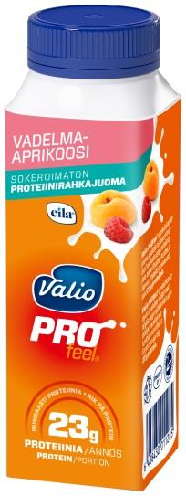 Valio PROfeel proteiinirahkajuoma 2,5 dl laktoositon vadelma-aprikoosi Valio PROfeel proteiinirahkajuoma 2,5 dl laktoositon mansikka Maustettu sokeroimaton proteiinirahkajuoma