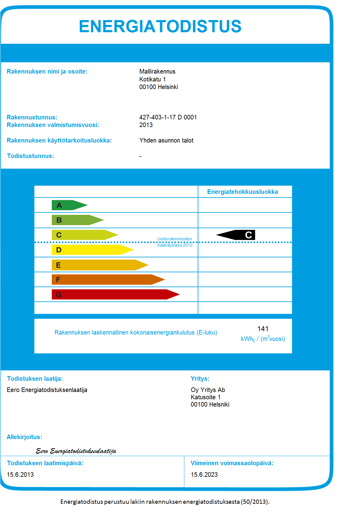 9 asetuksen säännösten vastaista. Energiatodistuksen täyttämisestä on säädetty energiatodistusasetuksen liitteessä 4. Kuva 1. Energiatodistuksen kansilehti. 2.