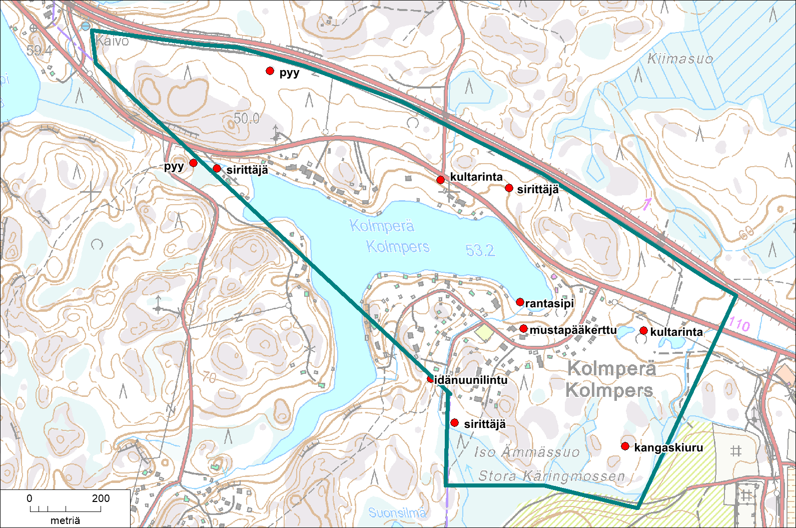 Taulukko 1. Kolmperän alueen lintulaskennoissa v. 2014 havaitut pesimälinnustoon tulkitut lajit. Laji 25.4. 20.5. 9.6.