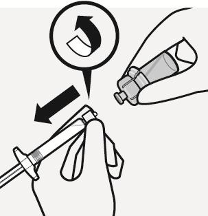 Kiinnitä esitäytetty ruisku injektiopullon liittimeen Poista steriili muovikotelo Pidä injektiopullo pystysuorassa, jotta se ei vuoda.