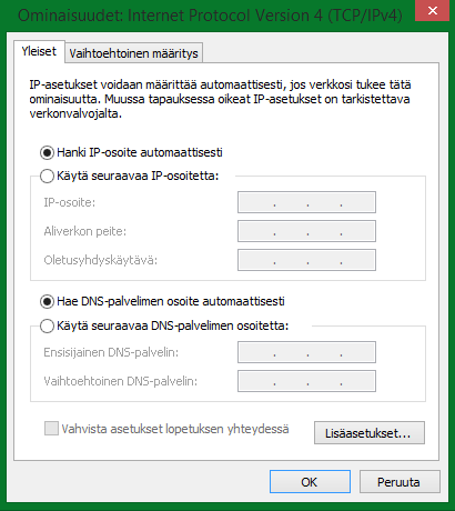 16 (22) Valitse listasta Internet Protocol Version 4 (TCP/IPv4), ja valitse Ominaisuudet