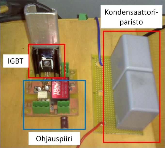 93 Kuva 63. ActiveClamp-kytkentäsuojapiirin prototyyppi, joka koostuu IGBTpuolijohdekytkimestä ja sen ohjauspiiristä sekä erillisestä 10 uf kondensaattoriparisto.