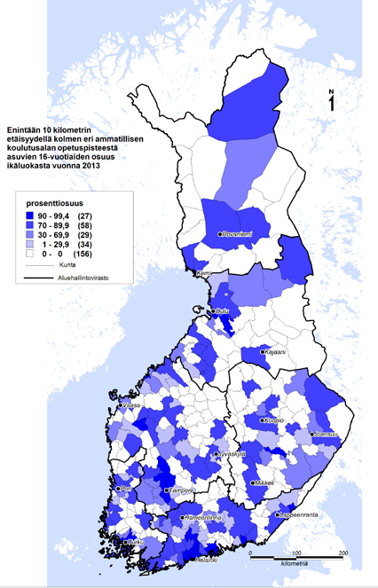 ammatillisen koulutusalan opetuspisteestä asuvien 16-vuotiaiden osuus (%)