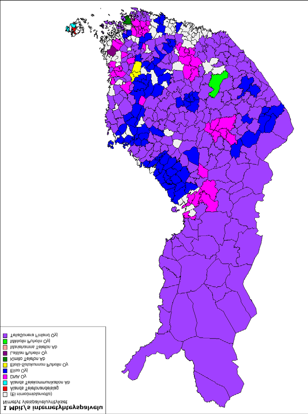 Kuva 5.7.4. Yleispalvelualueet 1 megan laajakaistapalvelu kituisista asuin- tai sijaintipaikoista tietyn kunnan tai kunnan osan alueella.