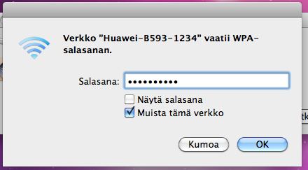 MAC OS X Klikkaa hiirellä WLAN verkon ikonia näytön yläosassa. Valitse sen jälkeen verkko, jonka nimi on Mokkula XXXXXX. Verkon nimi näkyy Mokkulan näytöllä.